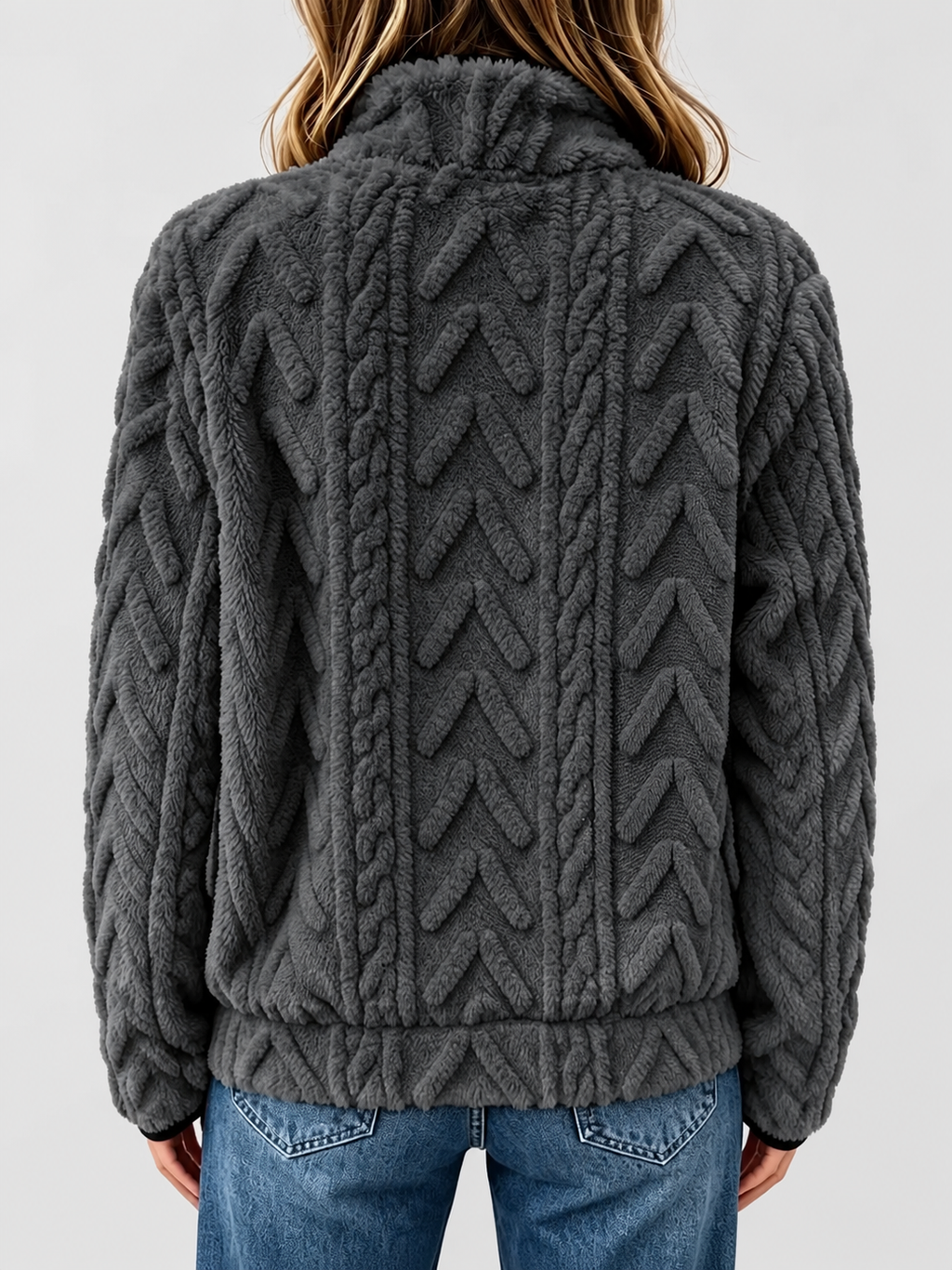 Women's raised cable pattern fleece pullover in Dark Grey, back studio view