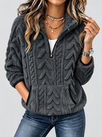 Women's raised cable pattern fleece pullover in Dark Grey, front studio view