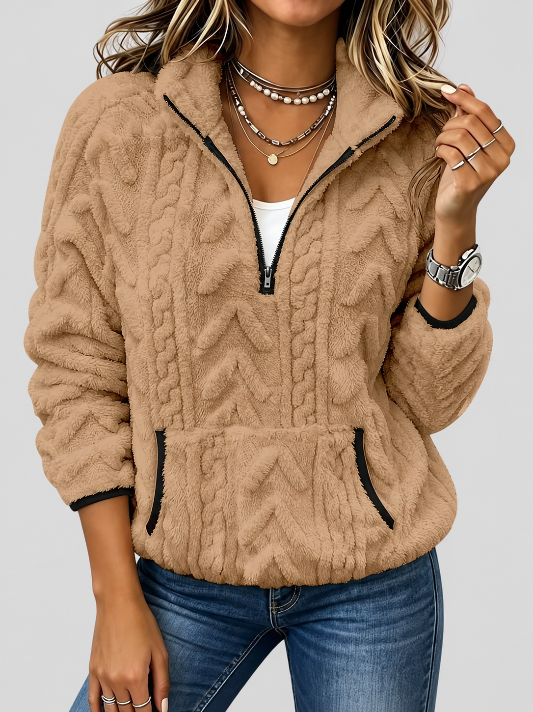 Women's raised cable pattern fleece pullover in Khaki, front studio view