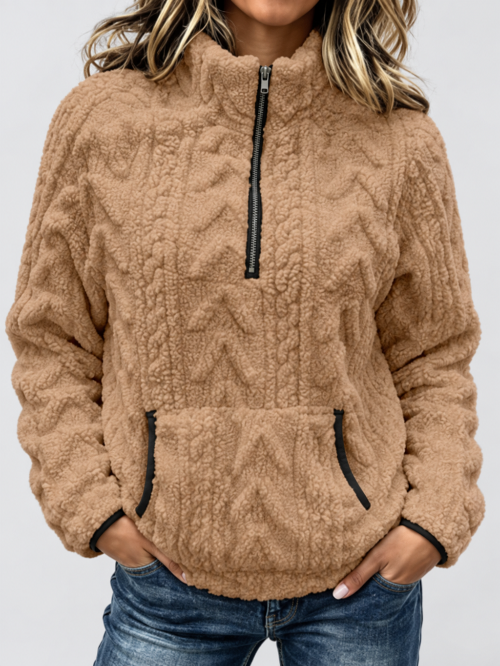 Women's raised cable pattern fleece pullover in Khaki, front studio view