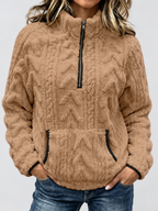 Women's raised cable pattern fleece pullover in Khaki, front studio view