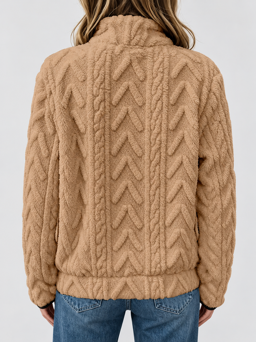 Women's raised cable pattern fleece pullover in Khaki, back studio view