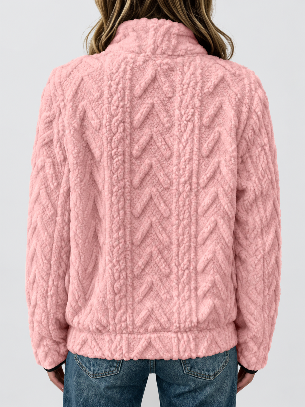 Women's raised cable pattern fleece pullover in Pink, back studio view