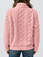 Women's raised cable pattern fleece pullover in Pink, back studio view