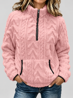 Women's raised cable pattern fleece pullover in Pink, front studio view