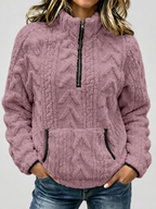 Women's raised cable pattern fleece pullover in Purple, front studio view