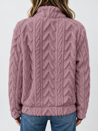 Women's raised cable pattern fleece pullover in Purple, back studio view