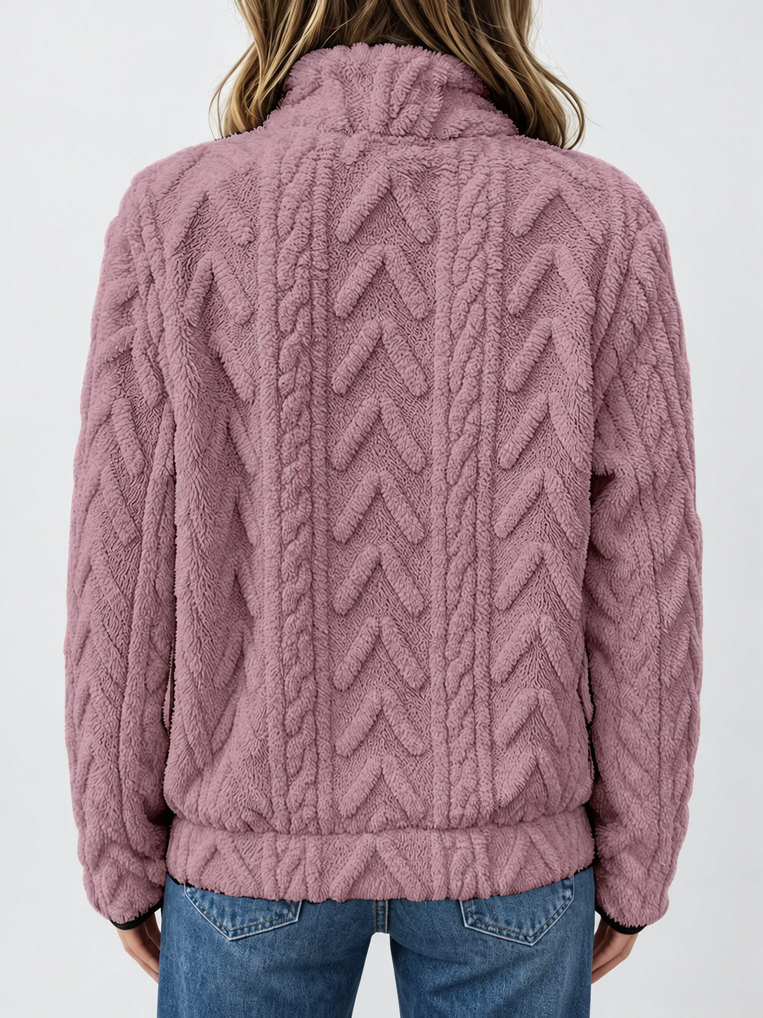 Women's raised cable pattern fleece pullover in Purple, back studio view