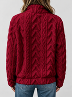 Women's raised cable pattern fleece pullover in Red, back studio view