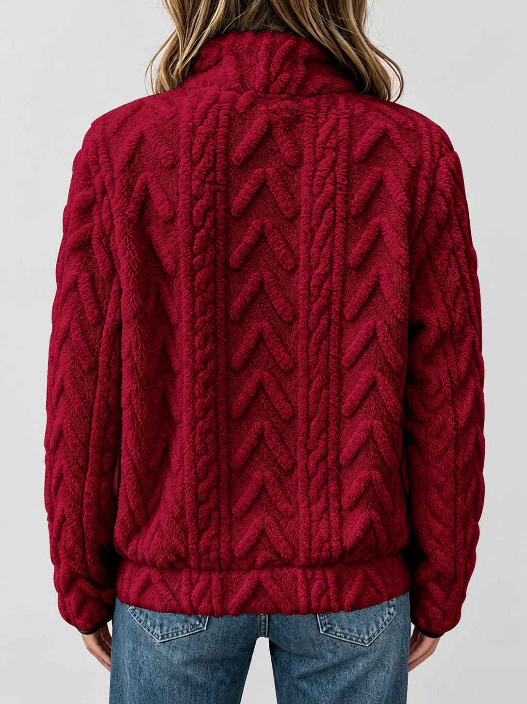 Women's raised cable pattern fleece pullover in Red, back studio view
