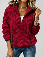 Women's raised cable pattern fleece pullover in Red, front studio view