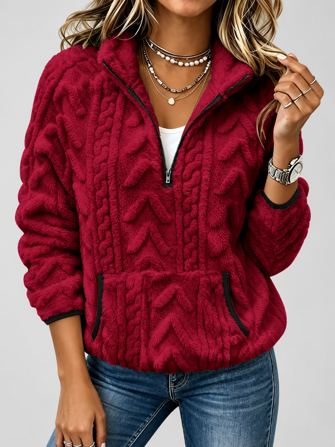 Women's raised cable pattern fleece pullover in Red, front studio view