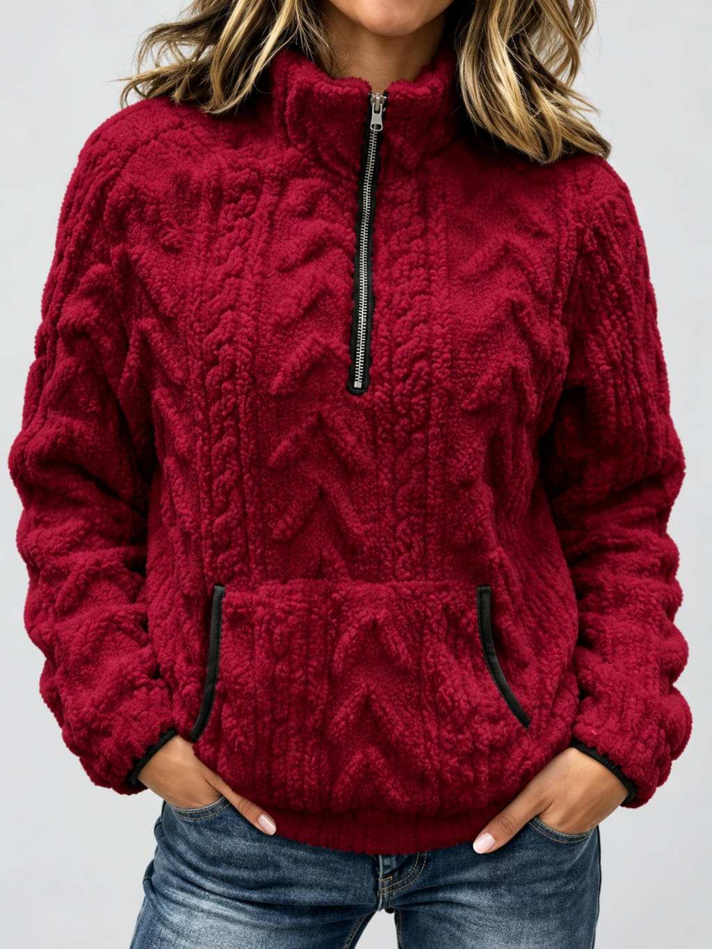 Women's raised cable pattern fleece pullover in Red, front studio view