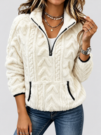 Women's raised cable pattern fleece pullover in White, front studio view