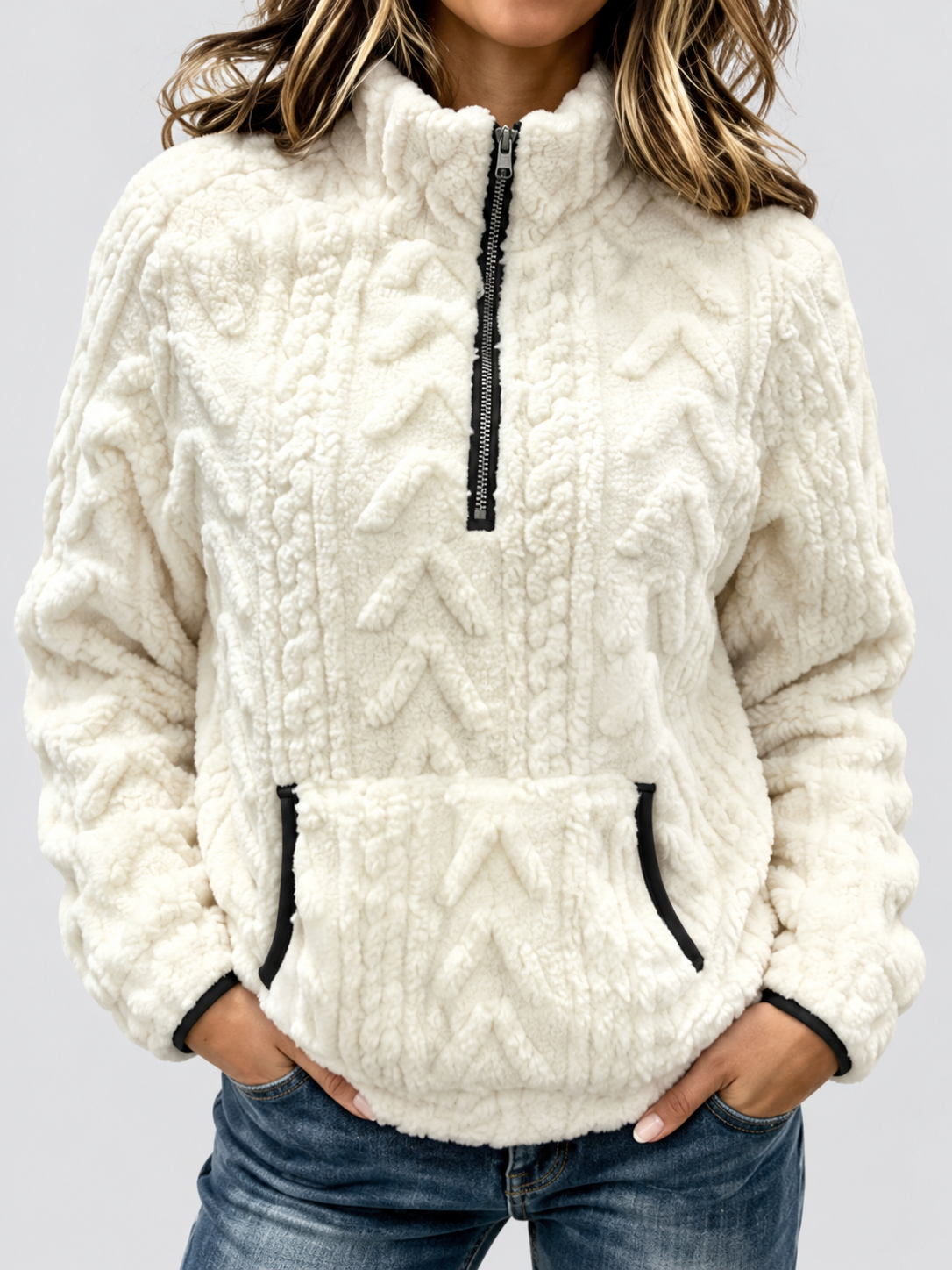 Women's raised cable pattern fleece pullover in White, front studio view