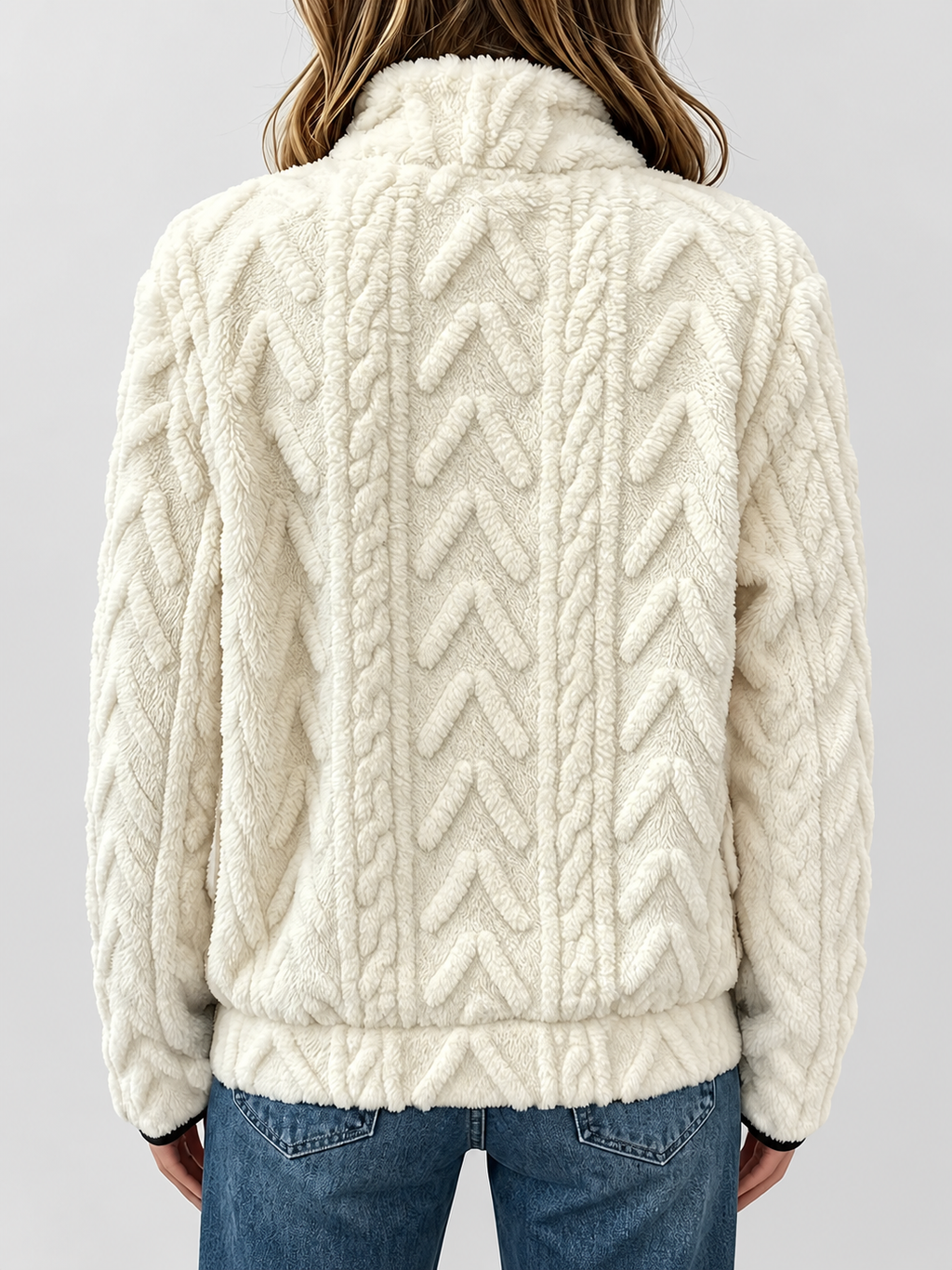 Women's raised cable pattern fleece pullover in White, back studio view