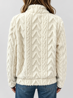 Women's raised cable pattern fleece pullover in White, back studio view