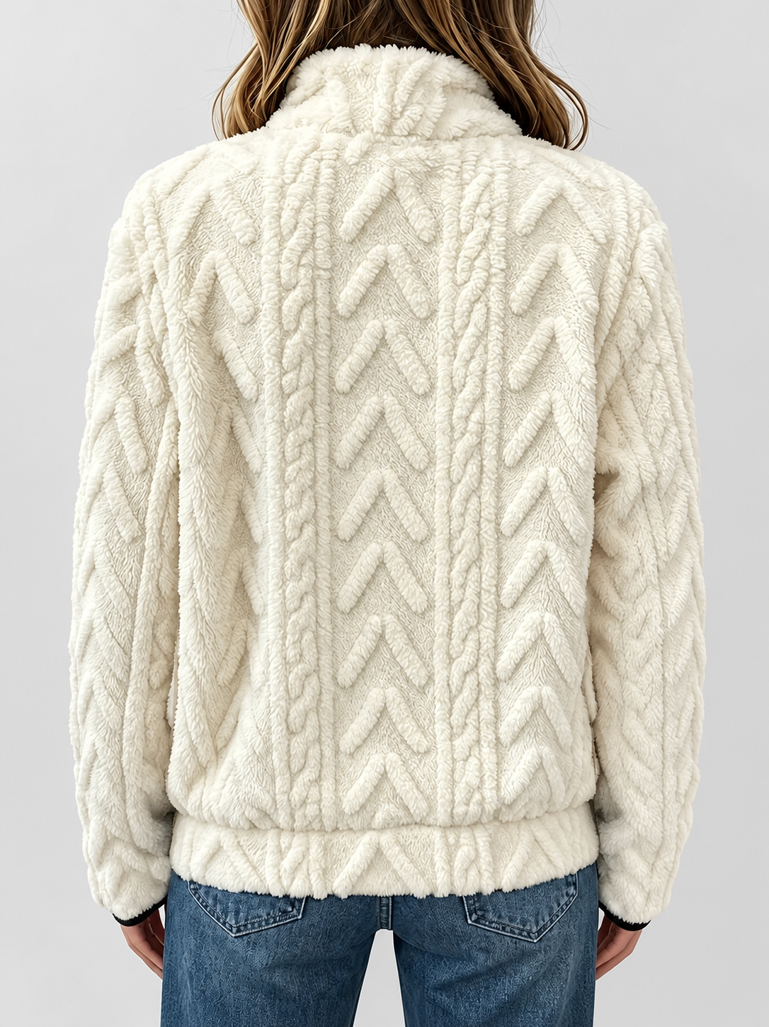 Women's raised cable pattern fleece pullover in White, back studio view