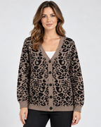 Women's Leopard Print Knitted Cardigan with V-Neck and Button Front in Brown – photo 1