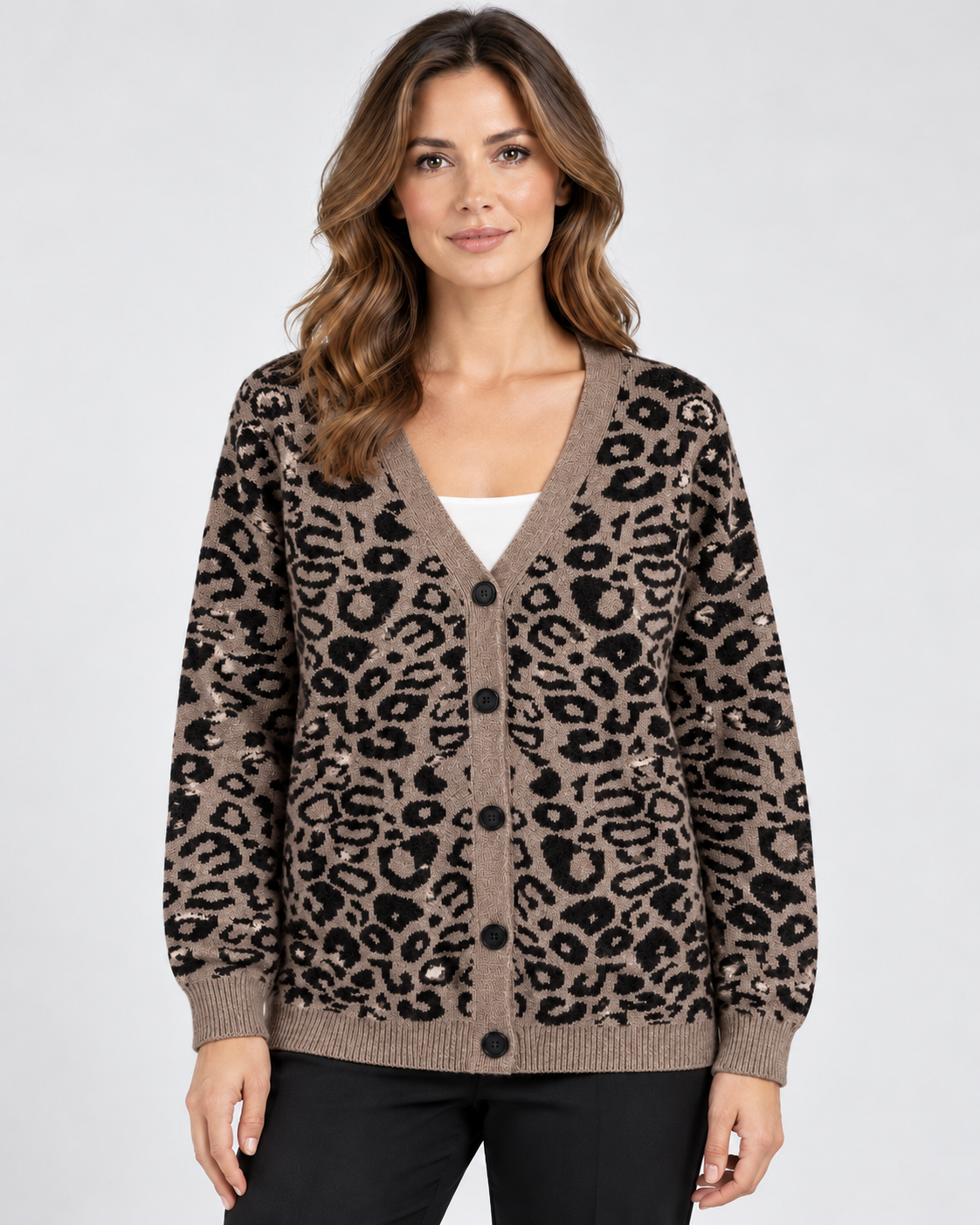 Women's Leopard Print Knitted Cardigan with V-Neck and Button Front in Brown – photo 1