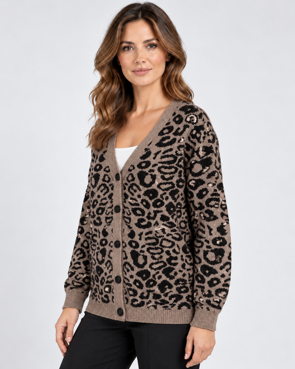 Women's Leopard Print Knitted Cardigan with V-Neck and Button Front in Brown – photo 2
