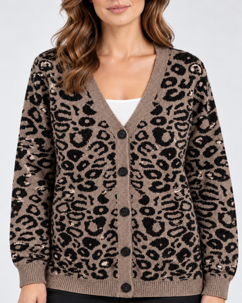 Women's Leopard Print Knitted Cardigan with V-Neck and Button Front in Brown – photo 4