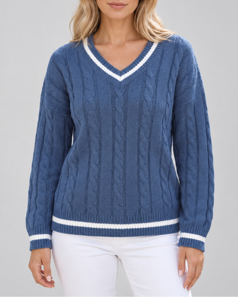 Women's cable knit V neck jumper