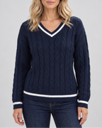 Women's cable knit V neck jumper