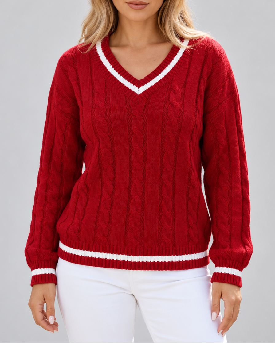 Women's cable knit V neck jumper