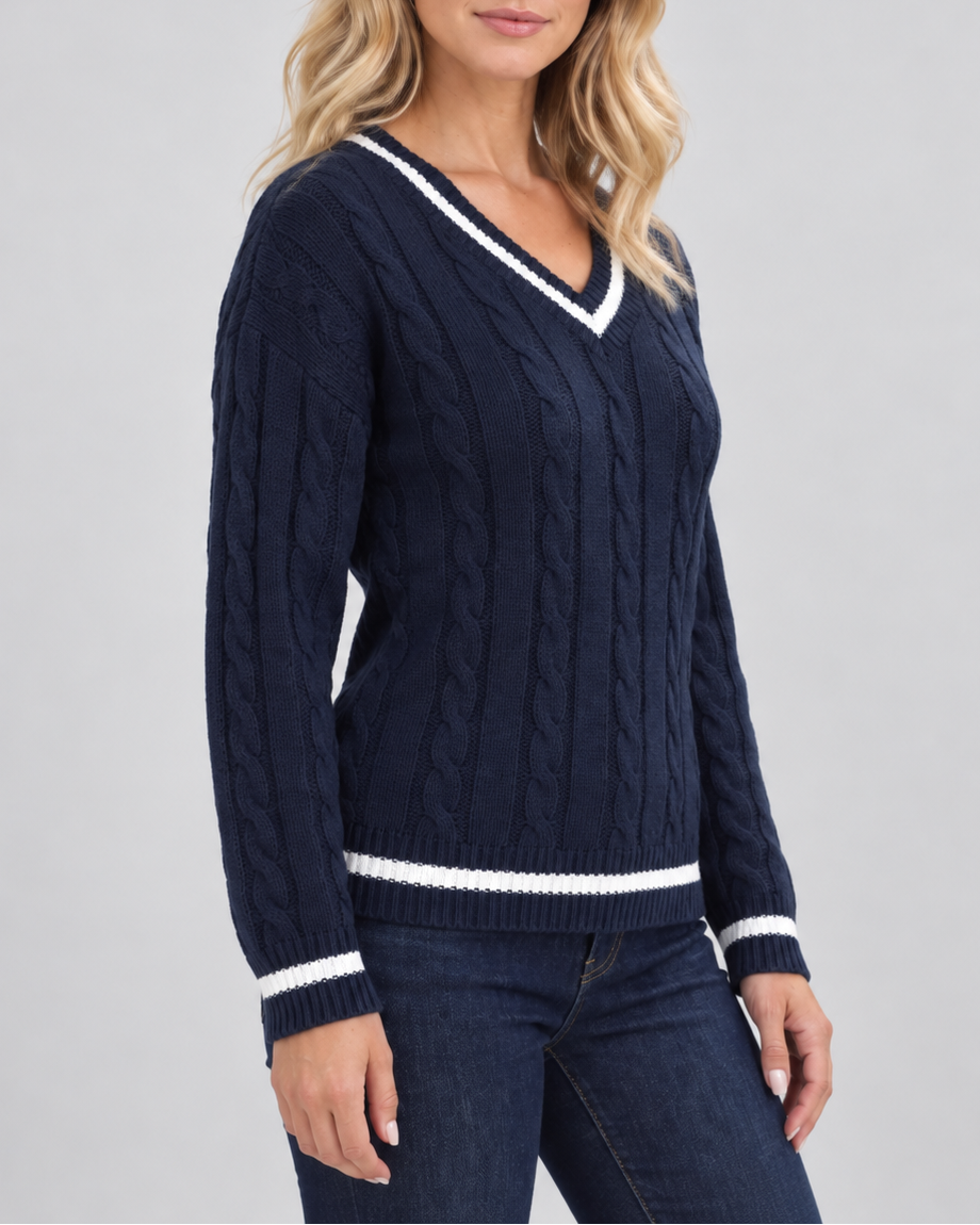 Women's cable knit V neck jumper