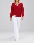 Women's cable knit V neck jumper