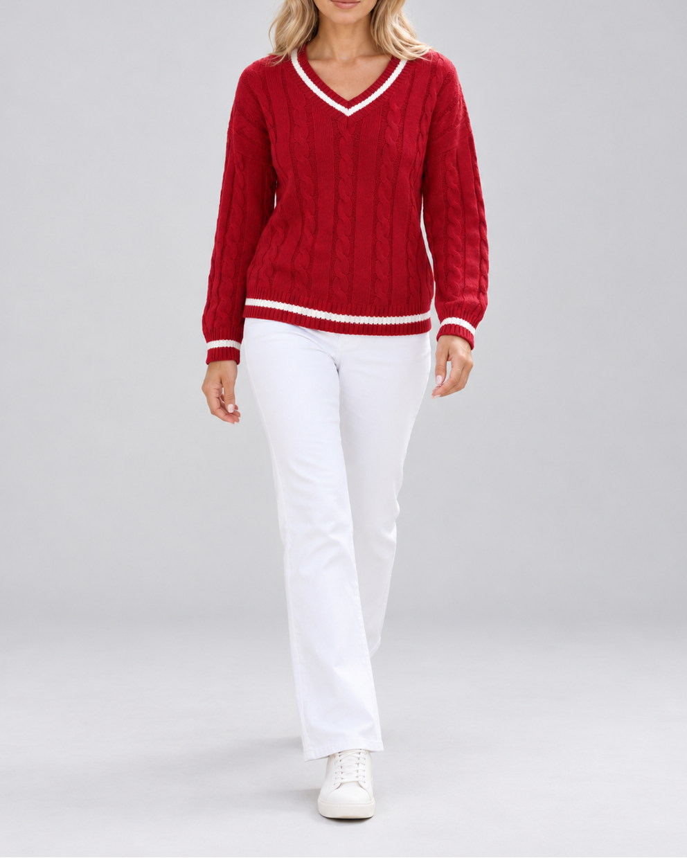 Women's cable knit V neck jumper