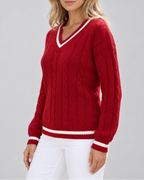 Women's cable knit V neck jumper