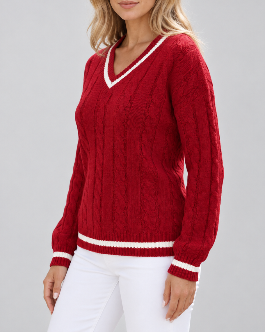 Women's cable knit V neck jumper