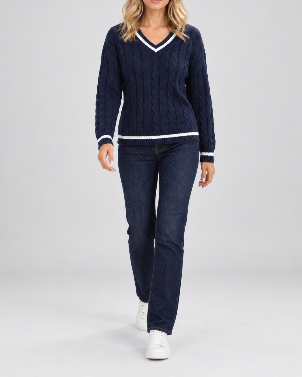 Women's cable knit V neck jumper
