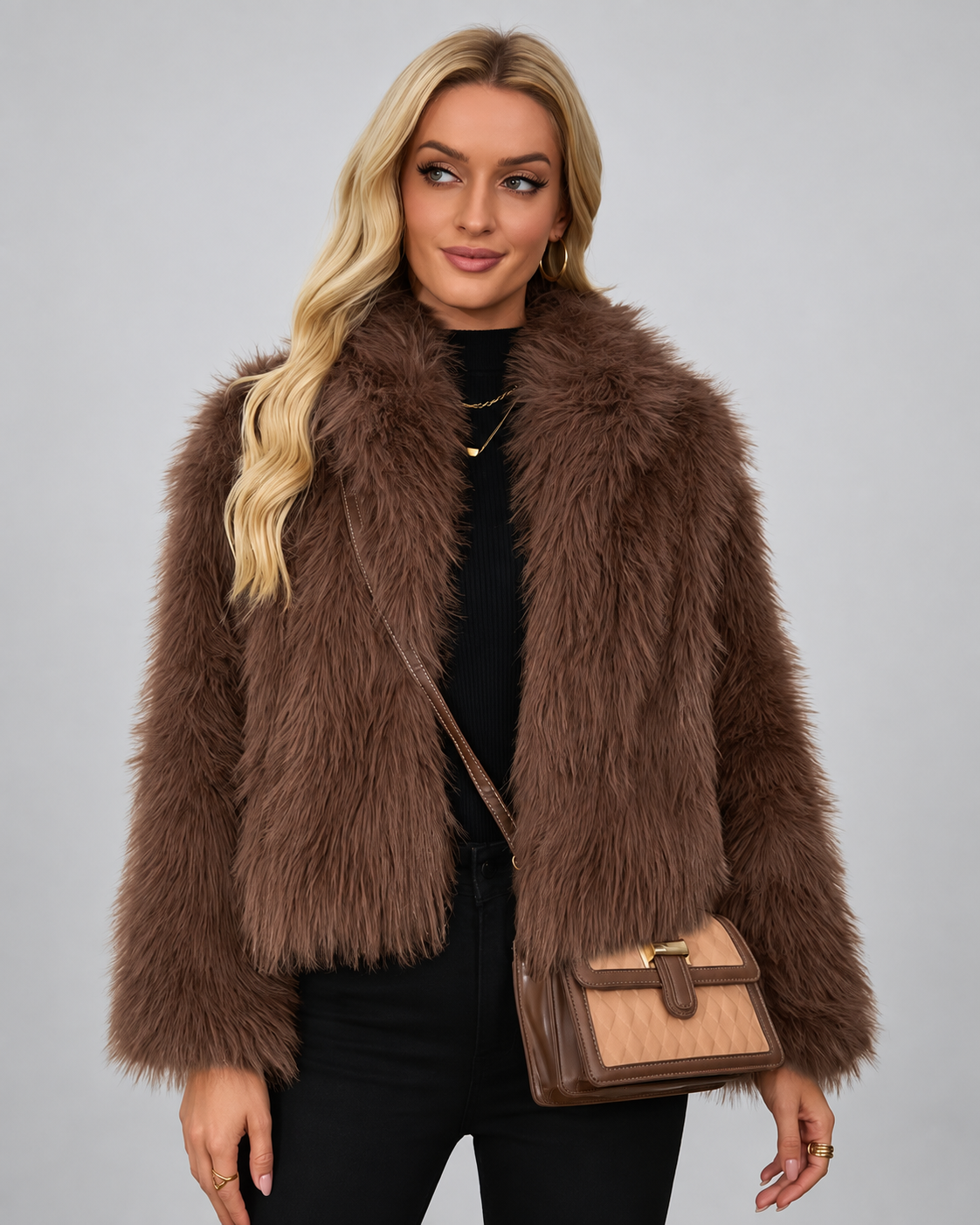 Women's Soft Faux Fur Jacket with Shawl Collar and Open Front