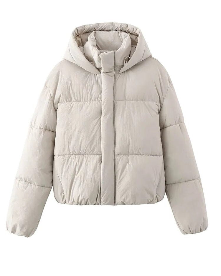 Women's Cropped Quilted Puffer Jacket with Hood and Zip Front