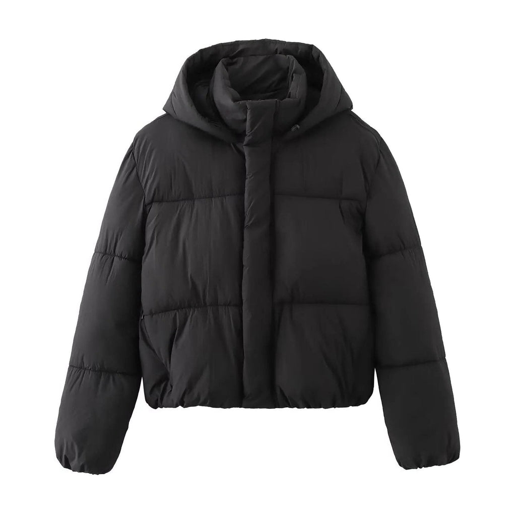 Women's Cropped Quilted Puffer Jacket with Hood and Zip Front