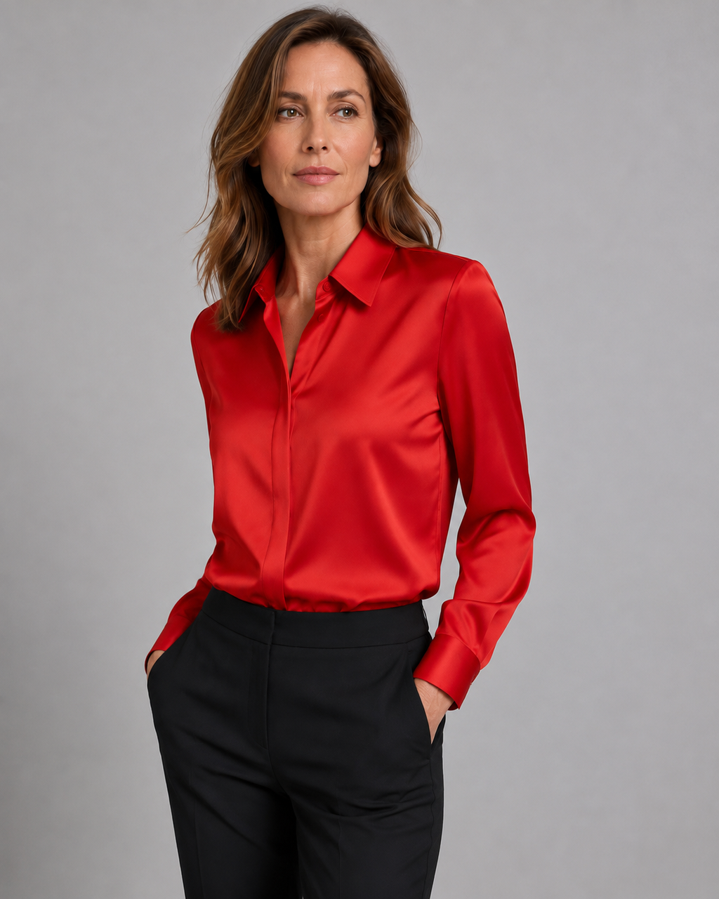 Women's Satin Collared Long Sleeve Button Up Blouse