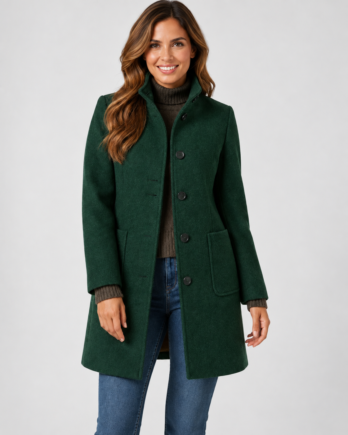 Women's Long Coat with Stand Collar and Button Front