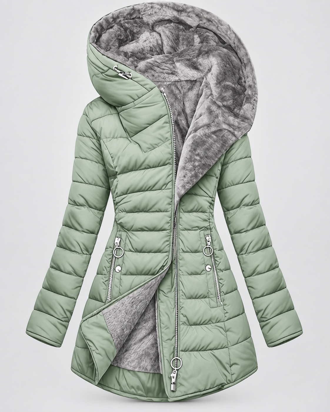 Women's Hooded Puffer Jacket with Fleece Lining and Zip Front