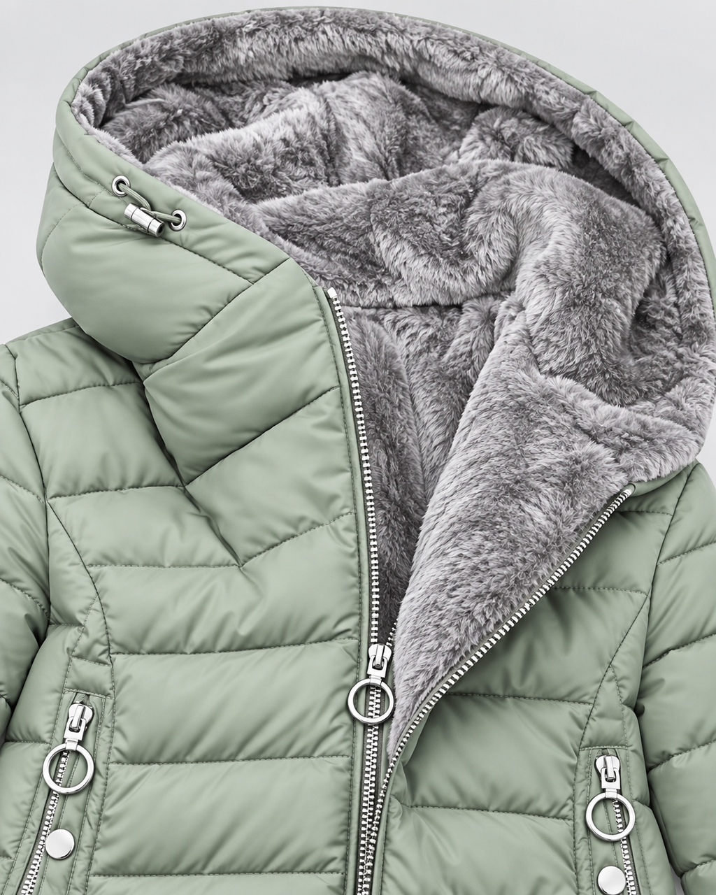 Women's Hooded Puffer Jacket with Fleece Lining and Zip Front