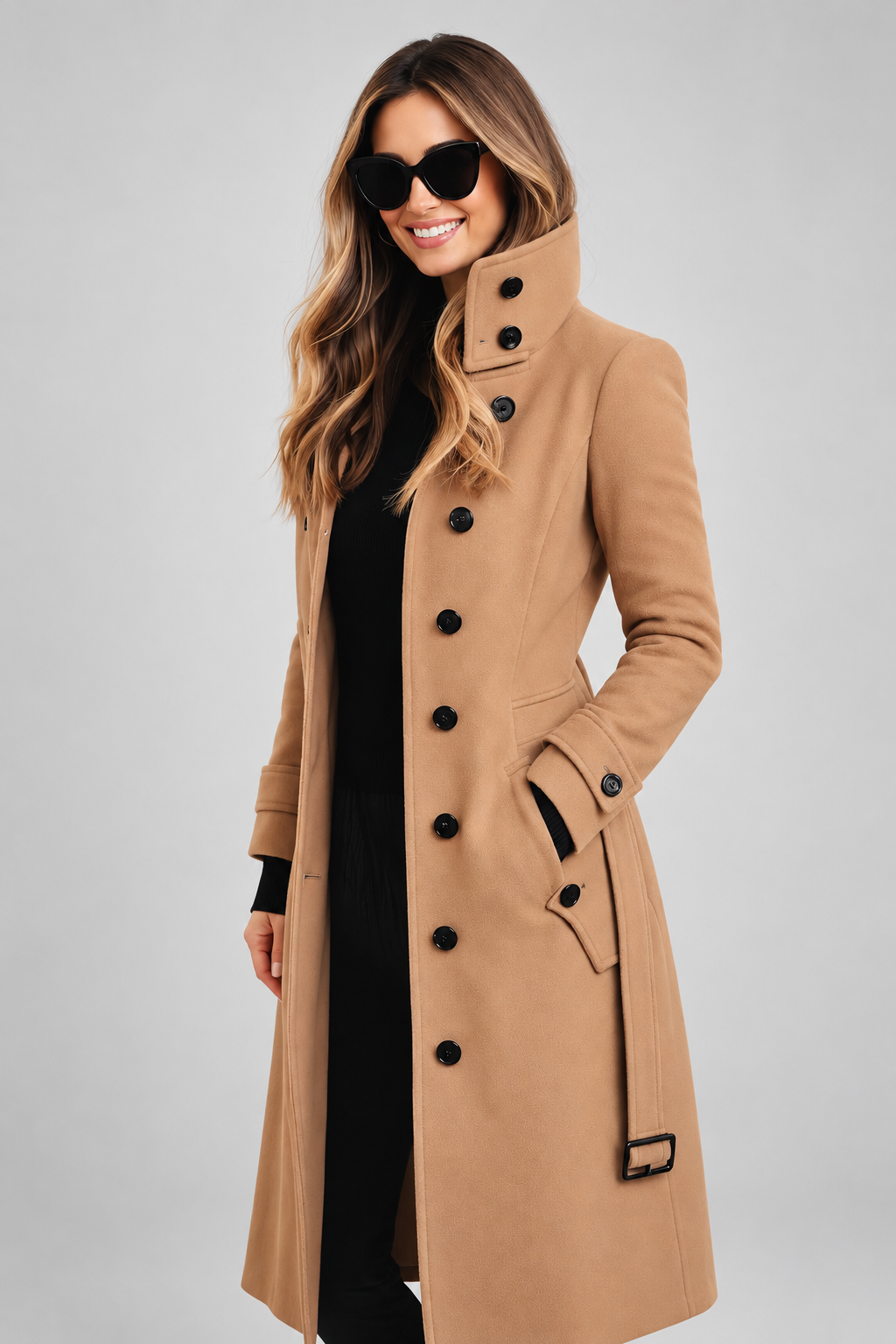 Women's Double Breasted Wool Blend Coat with Stand Collar
