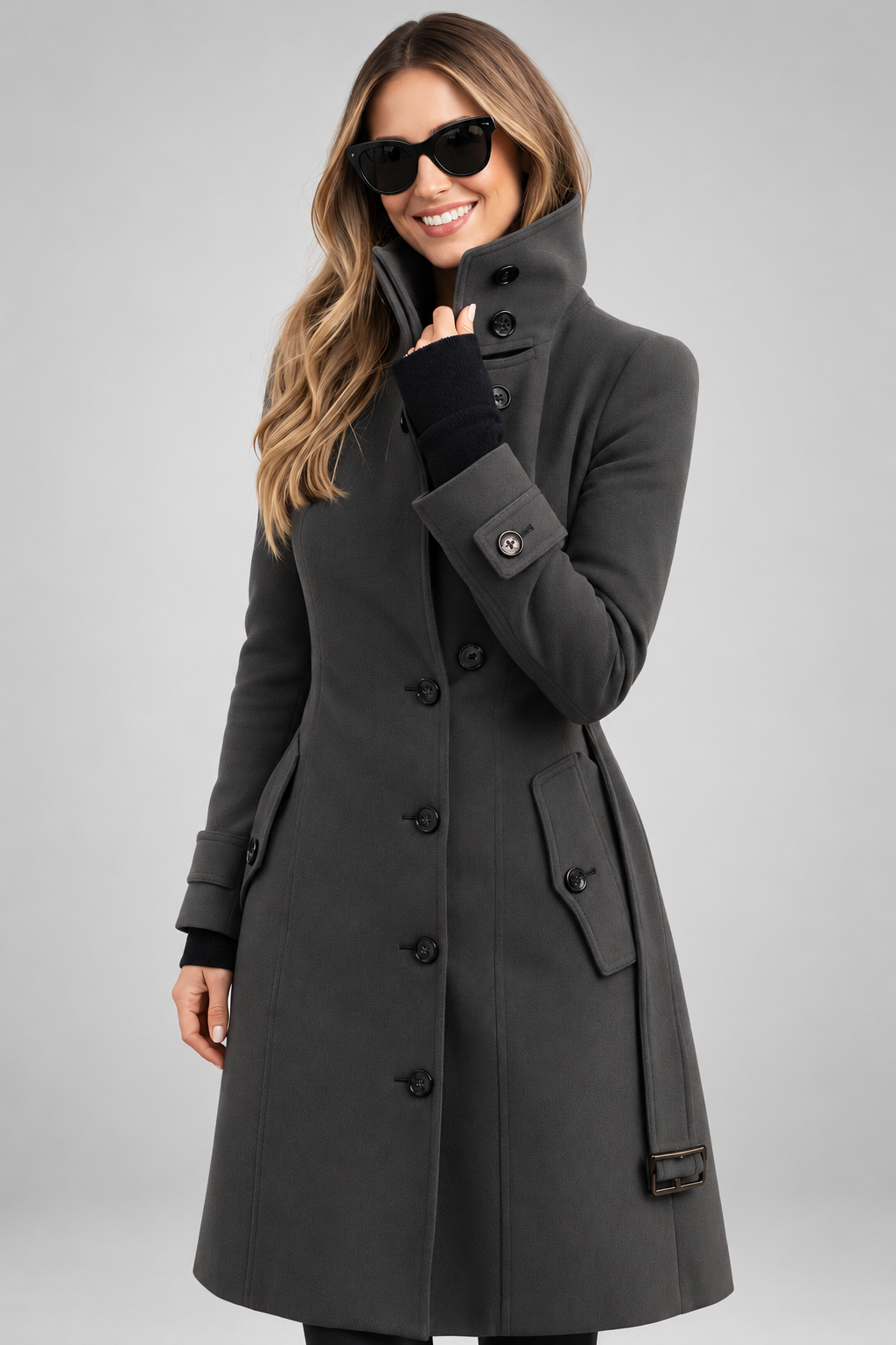 Women's Double Breasted Wool Blend Coat with Stand Collar