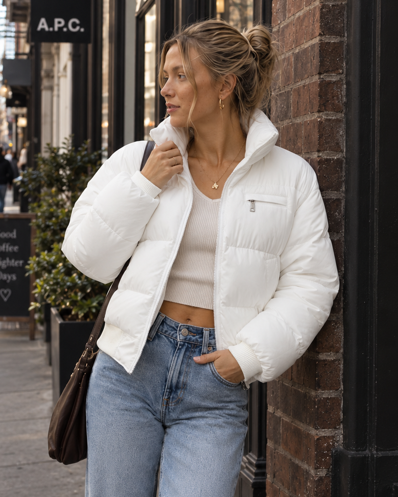 Women's Cropped Puffer Jacket with Ribbed Cuffs and Zip Chest Pocket