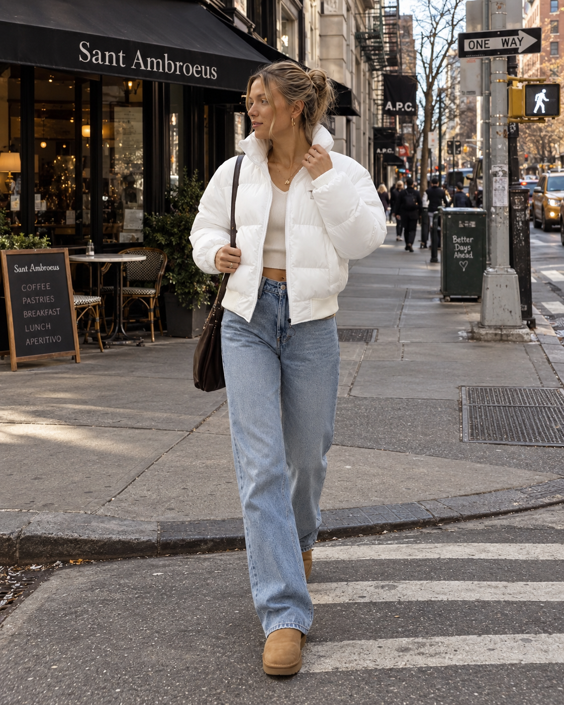 Women's Cropped Puffer Jacket with Ribbed Cuffs and Zip Chest Pocket