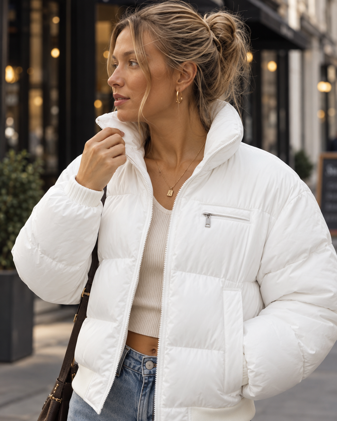 Women's Cropped Puffer Jacket with Ribbed Cuffs and Zip Chest Pocket