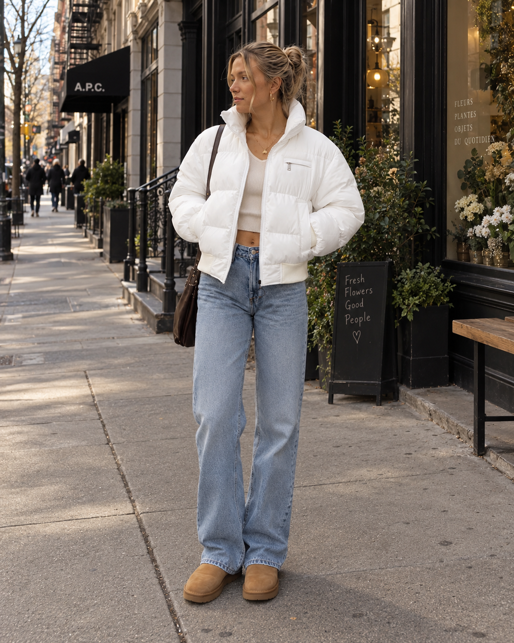 Women's Cropped Puffer Jacket with Ribbed Cuffs and Zip Chest Pocket
