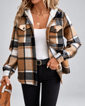 Women's sherpa lined plaid jacket with hood and chest pockets