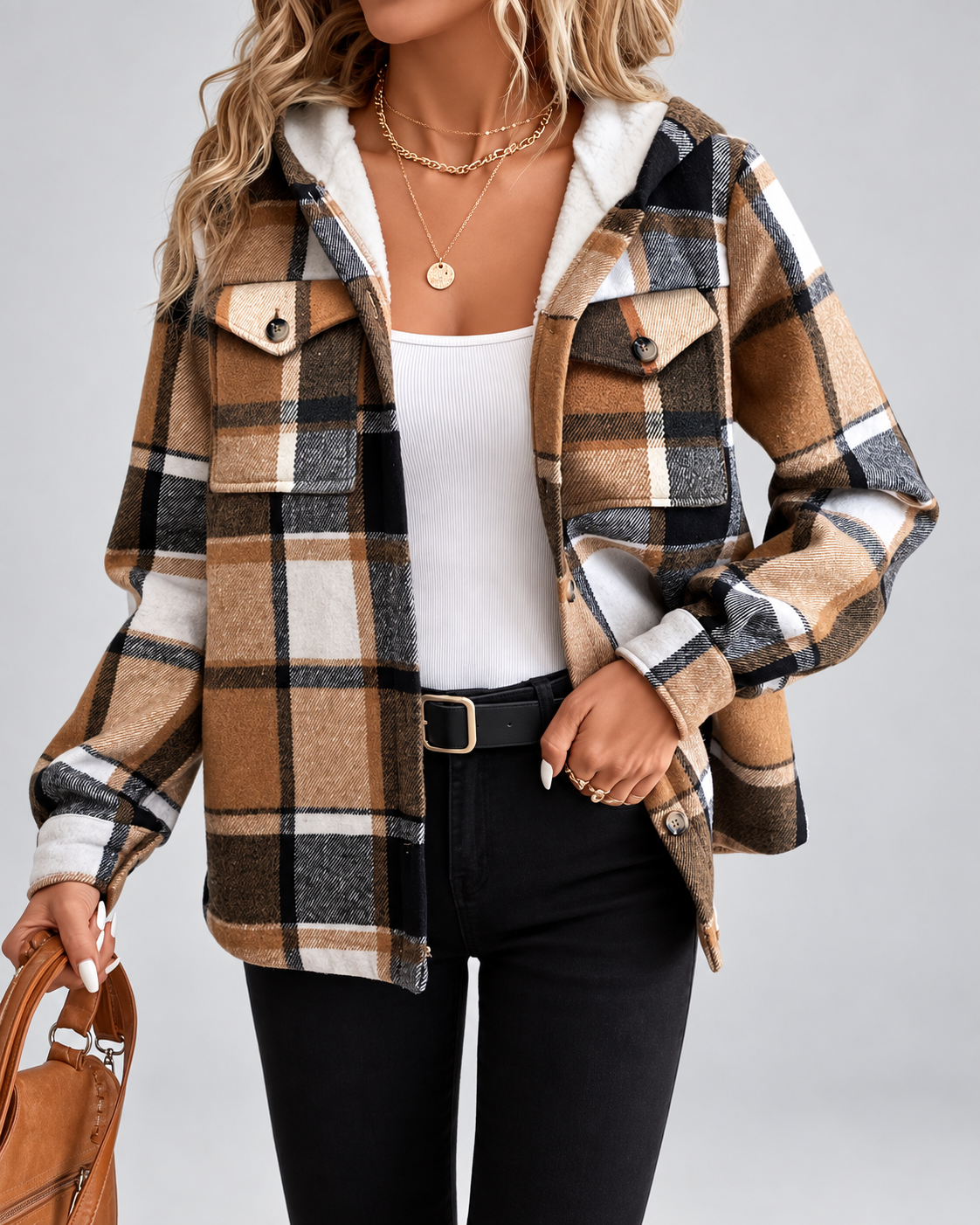 Women's sherpa lined plaid jacket with hood and chest pockets
